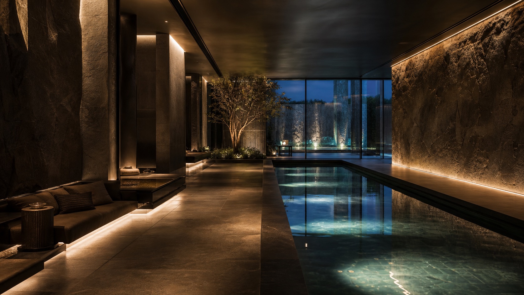 夜间水景 SPA 灯光氛围效果图